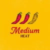 An illustration for Cholula Medium Taco Seasoning Mix 1 Oz featuring three chili peppers and the words Medium HEAT on a yellow background.