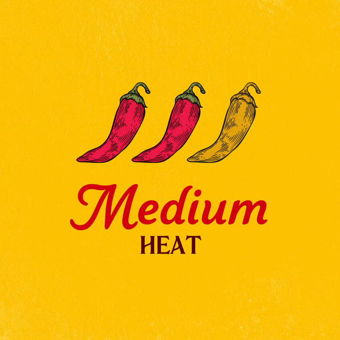 An illustration for Cholula Medium Taco Seasoning Mix 1 Oz featuring three chili peppers and the words Medium HEAT on a yellow background.