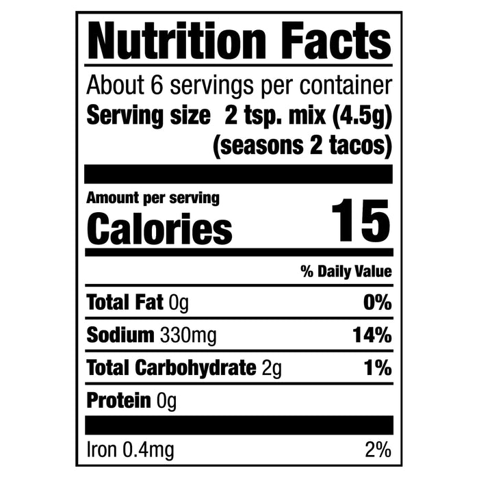 Nutrition facts label for a seasoning mix that provides 15 calories per serving.
