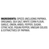 A list of ingredients for a spice blend, including paprika, oregano, sea salt, white corn flour, garlic, onion, arbol pepper, sugar, citric acid, piquin pepper, vinegar solids, and extractives of paprika.