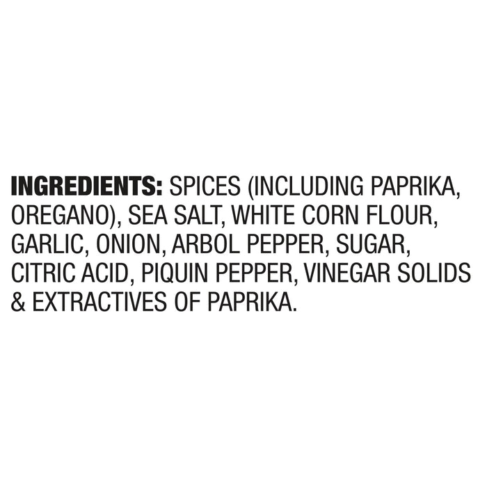A list of ingredients for a spice blend, including paprika, oregano, sea salt, white corn flour, garlic, onion, arbol pepper, sugar, citric acid, piquin pepper, vinegar solids, and extractives of paprika.