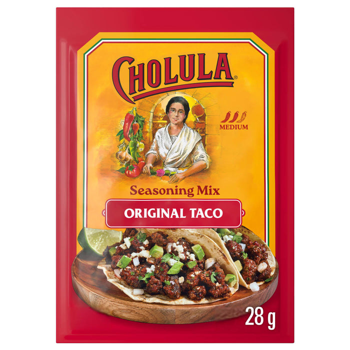 A 28 gram packet of Cholula Medium Taco Seasoning Mix 1 Oz featuring the iconic brand logo and an illustration of a woman preparing fresh ingredients above a photo of two street tacos.
