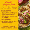 A recipe infographic for Cholula Original Tacos featuring the Cholula Medium Taco Seasoning Mix 1 Oz alongside a photo of two prepared tacos topped with pickled onions and avocado.