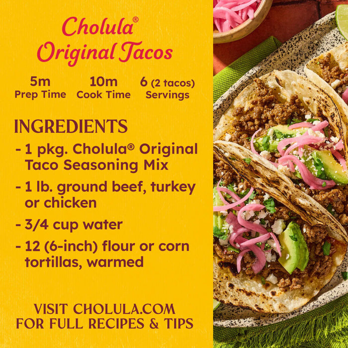 A recipe infographic for Cholula Original Tacos featuring the Cholula Medium Taco Seasoning Mix 1 Oz alongside a photo of two prepared tacos topped with pickled onions and avocado.