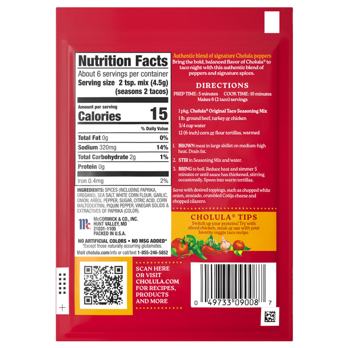 The back of a red packet of Cholula Medium Taco Seasoning Mix 1 Oz displays the nutrition facts, ingredients, and cooking directions for making twelve tacos.