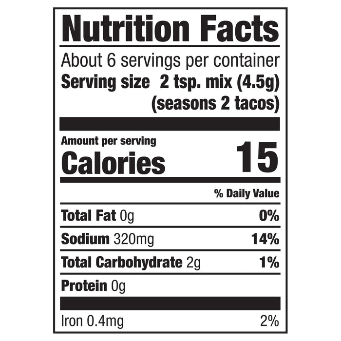 A nutrition facts infographic for Cholula Medium Taco Seasoning Mix 1 Oz showing 15 calories and 320 milligrams of sodium per serving.