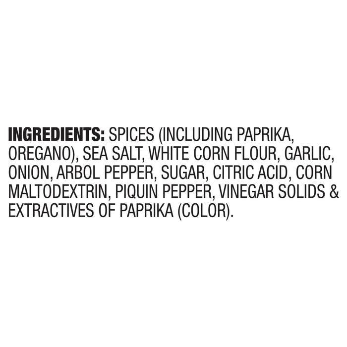 The ingredient list for Cholula Medium Taco Seasoning Mix 1 Oz includes spices like paprika and oregano, sea salt, white corn flour, garlic, onion, arbol pepper, sugar, citric acid, corn maltodextrin, piquin pepper, vinegar solids, and extractives of paprika for color.