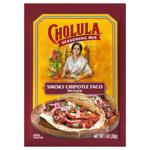 A package of Cholula Smoky Chipotle Taco seasoning mix with a serving suggestion of a taco on a wooden plate.