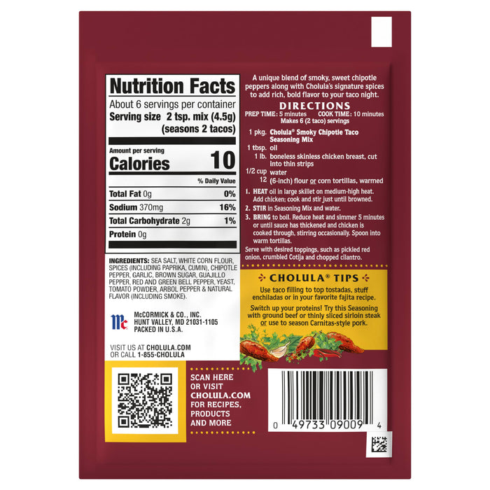 Cholula Smoky Chipotle Taco Seasoning Mix package with nutrition facts and directions for use.