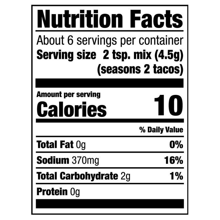 Nutrition facts label for a seasoning mix that shows 10 calories per serving.