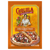 A package of Cholula Chili Garlic Taco Seasoning Mix, with a serving suggestion of tacos on a wooden plate.