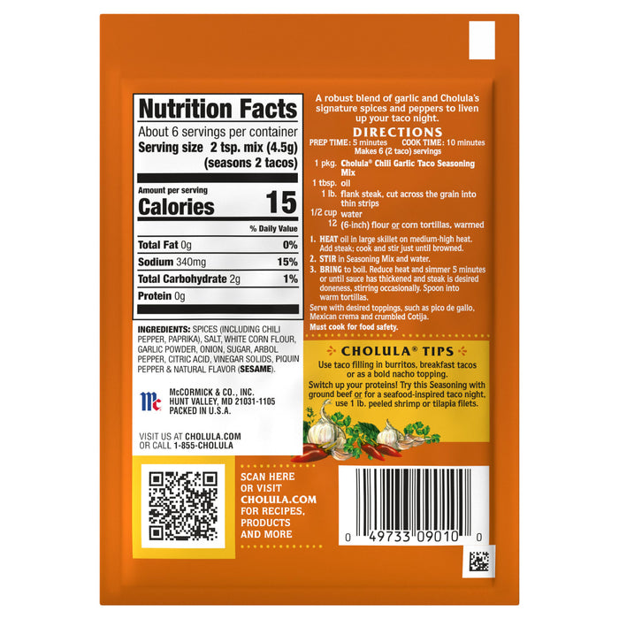A Cholula Chili Garlic Taco Seasoning packet with nutrition facts and directions for use.