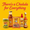 A vibrant yellow advertisement featuring the slogan There is a Cholula for Everything showcases a variety of products including a packet of Cholula Medium Chili Garlic Taco Seasoning Mix 1 Oz alongside salsa verde, birria cooking sauce, chipotle cremosa sauce, and original hot sauce.