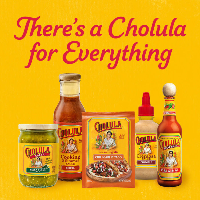 A vibrant yellow advertisement featuring the slogan There is a Cholula for Everything showcases a variety of products including a packet of Cholula Medium Chili Garlic Taco Seasoning Mix 1 Oz alongside salsa verde, birria cooking sauce, chipotle cremosa sauce, and original hot sauce.