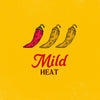 An illustration indicating a mild heat level for Cholula Medium Chili Garlic Taco Seasoning Mix 1 Oz featuring three chili peppers with only the first one colored red against a yellow background.