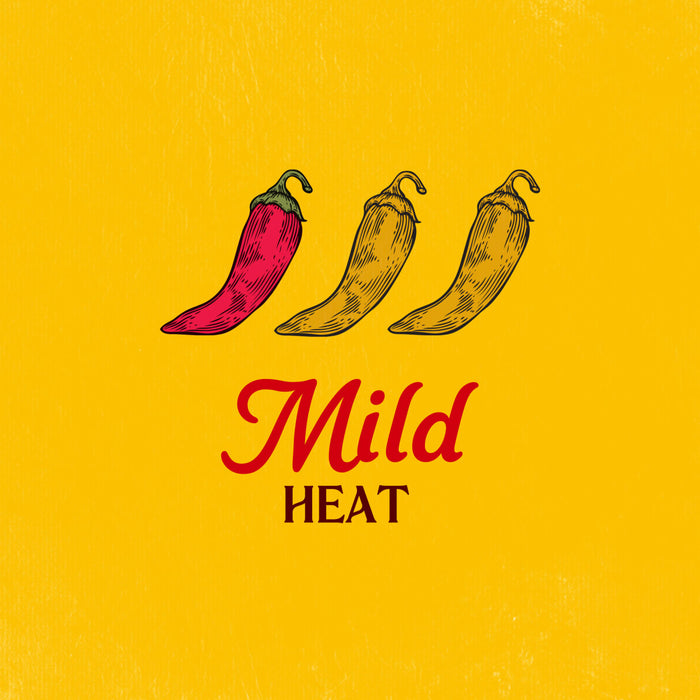An illustration indicating a mild heat level for Cholula Medium Chili Garlic Taco Seasoning Mix 1 Oz featuring three chili peppers with only the first one colored red against a yellow background.