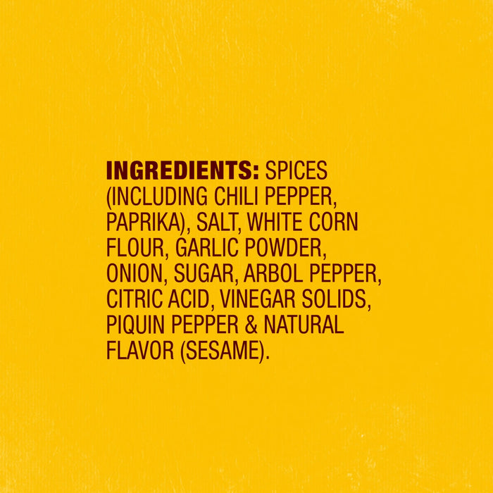 The ingredient list for Cholula Medium Chili Garlic Taco Seasoning Mix 1 Oz includes spices like chili pepper and paprika, salt, white corn flour, garlic powder, onion, sugar, arbol pepper, citric acid, vinegar solids, piquin pepper, and natural sesame flavor.