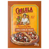 A 28 gram packet of Cholula Medium Chili Garlic Taco Seasoning Mix 1 Oz featuring the iconic brand logo and a photo of two street tacos topped with meat and fresh vegetables