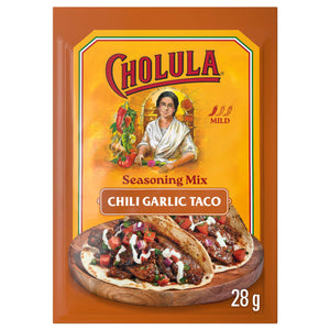 A 28 gram packet of Cholula Medium Chili Garlic Taco Seasoning Mix 1 Oz featuring the iconic brand logo and a photo of two street tacos topped with meat and fresh vegetables
