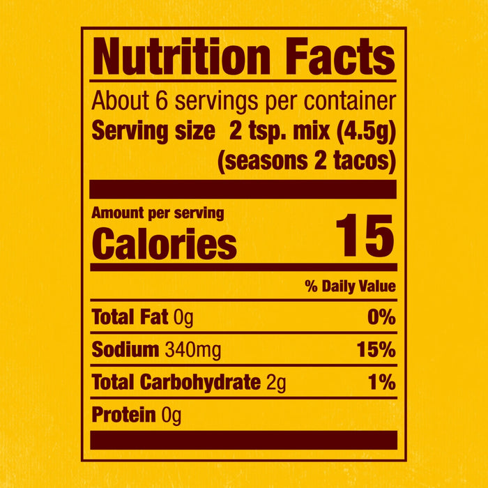 A nutrition facts label for Cholula Medium Chili Garlic Taco Seasoning Mix 1 Oz shows that a serving size of two teaspoons contains 15 calories and 340 milligrams of sodium.