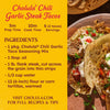 This recipe infographic for Cholula Chili Garlic Steak Tacos features the Cholula Medium Chili Garlic Taco Seasoning Mix 1 Oz as a key ingredient for a quick ten minute meal.