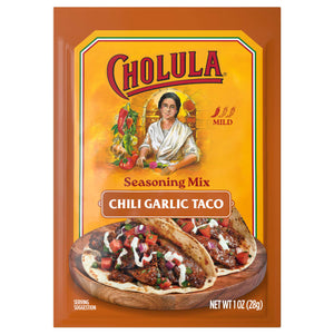 A package of Cholula Medium Chili Garlic Taco Seasoning Mix 1 Oz featuring the iconic brand logo and a serving suggestion of two street tacos topped with fresh salsa and crema.
