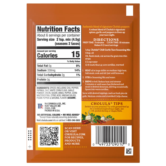 The back of a package for Cholula Medium Chili Garlic Taco Seasoning Mix 1 Oz displays nutrition facts, ingredients including sesame, and cooking directions for steak tacos.