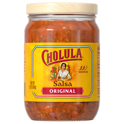 A glass jar of Cholula Original Medium Red Salsa 12 Oz is shown against a white background, featuring its signature yellow label and wooden cap.