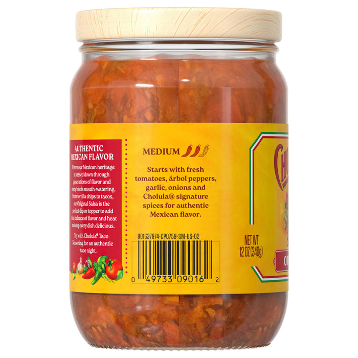 The back of a glass jar of Cholula Original Medium Red Salsa 12 Oz shows the product label with flavor descriptions and a barcode.
