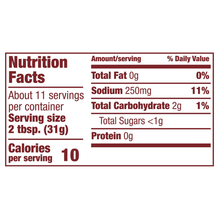 The nutrition facts label for Cholula Original Medium Red Salsa 12 Oz, indicating that one serving of 2 tablespoons contains 10 calories, 0g of fat, and 250mg of sodium.