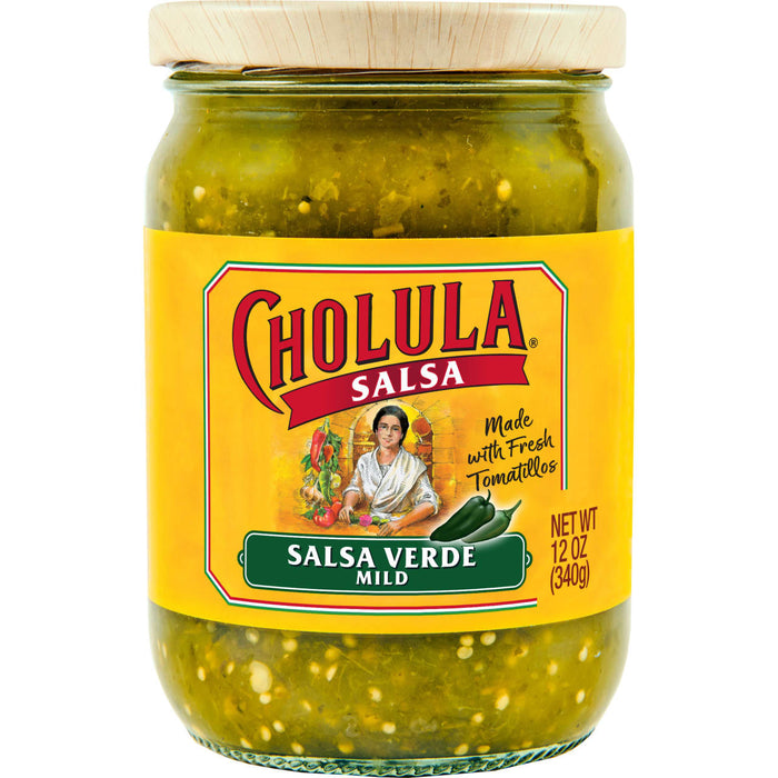 A jar of Cholula Salsa Verde Mild, made with fresh tomatillos.