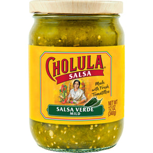 A jar of Cholula Salsa Verde Mild, made with fresh tomatillos.