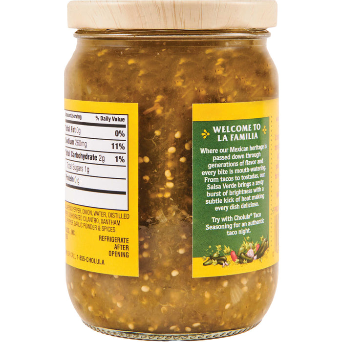 A jar of Cholula Salsa Verde with nutritional information and a description of the product.