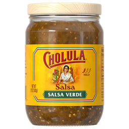 A glass jar of Cholula Salsa Verde Mild Green Salsa Verde 12 Oz is shown against a plain white background.