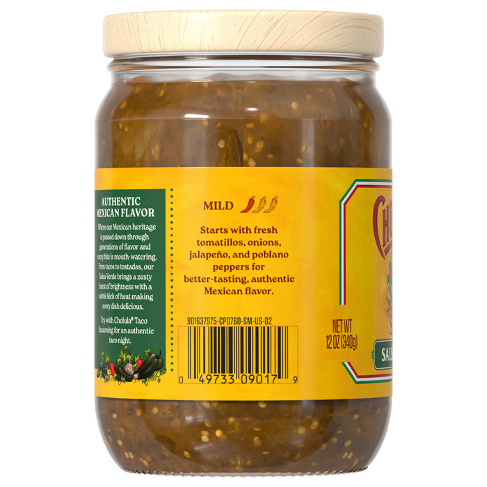 The back of a glass jar of Cholula Salsa Verde Mild Green Salsa Verde 12 Oz displays the nutritional information, ingredients, and barcode.