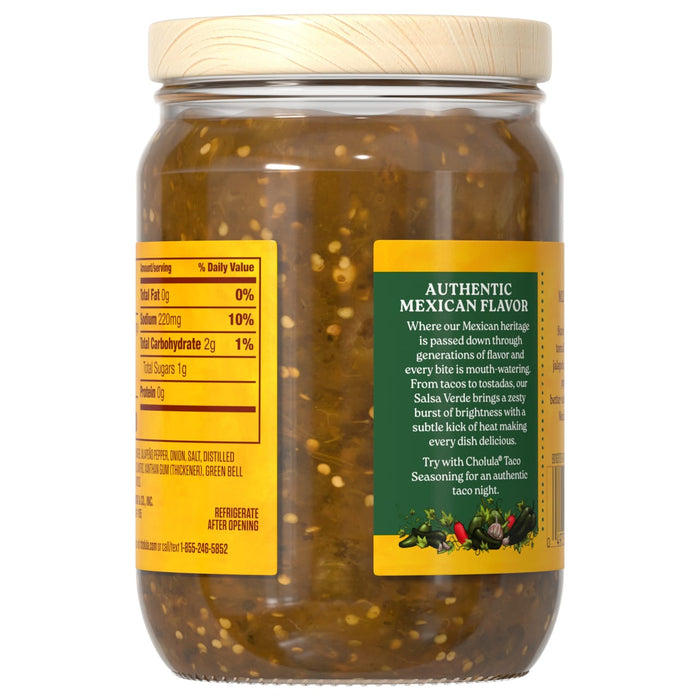 The back of a glass jar of Cholula Salsa Verde Mild Green Salsa Verde 12 Oz is shown, displaying the nutrition facts and a description of its authentic Mexican flavor.