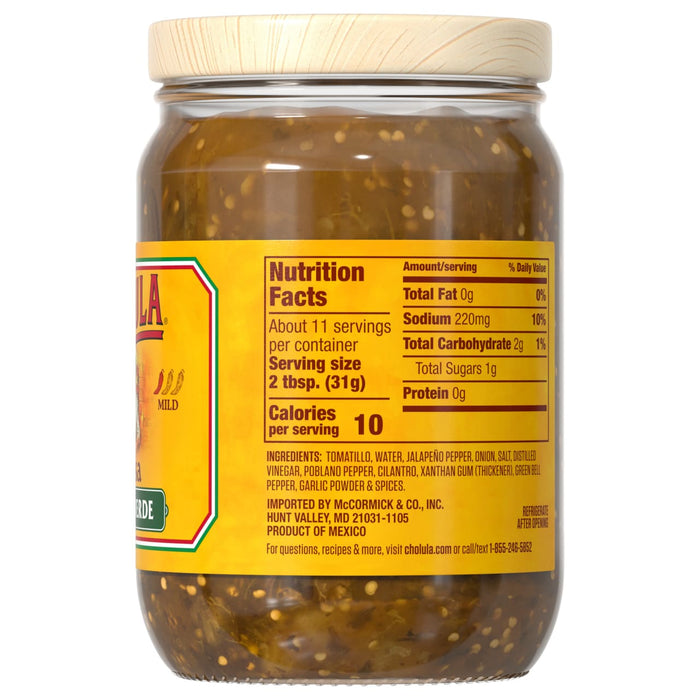 The back of a glass jar of Cholula Salsa Verde Mild Green Salsa Verde 12 Oz displays the nutrition facts and ingredients list.