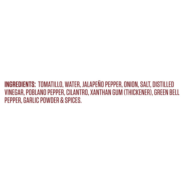 The ingredients list for Cholula Salsa Verde Mild Green Salsa Verde 12 Oz, shown in maroon text, includes tomatillo, water, jalapeño pepper, onion, and salt.
