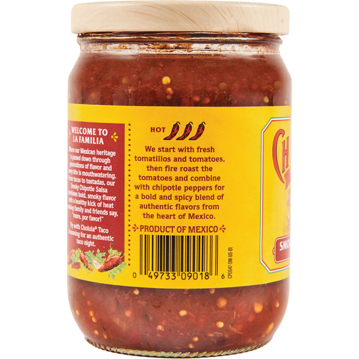 A jar of Cholula?R Smoky Chipotle Salsa, a hot sauce made with fresh tomatillos, tomatoes, and chipotle peppers.