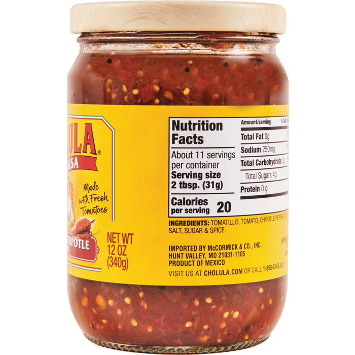 A jar of Cholula Original Hot Sauce with nutrition facts and ingredients listed on the label.