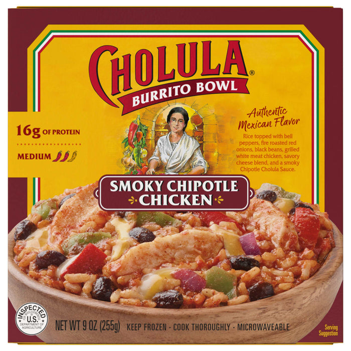 A box of Cholula Burrito Bowl Smoky Chipotle Chicken with a serving suggestion on the front.