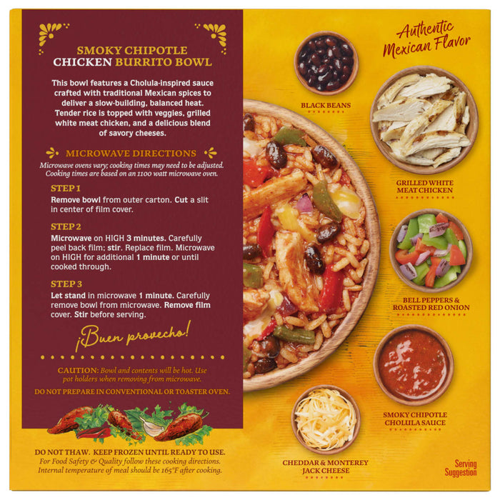 A box of Stouffer's Smoky Chipotle Chicken Burrito Bowl with a picture of the meal and its ingredients.