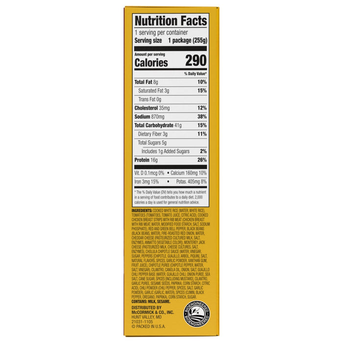 Nutrition facts label for McCormick &amp; Co., Inc. Hunt Valley, MD 21031-1105, for their Bioengineered Chicken &amp; Rice Bowl.