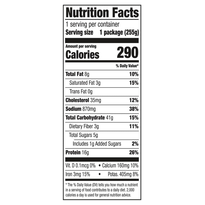 Nutrition facts label for a product containing 290 calories per serving.