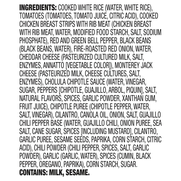A list of ingredients for a product, including cooked white rice, tomatoes, chicken breast strips, black beans, cheddar cheese, Monterey Jack cheese, and spices.