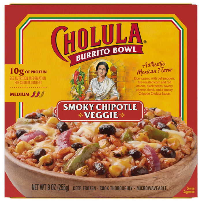 A box of Cholula Burrito Bowl Smoky Chipotle Veggie, a frozen meal with rice, beans, corn, peppers, and cheese.