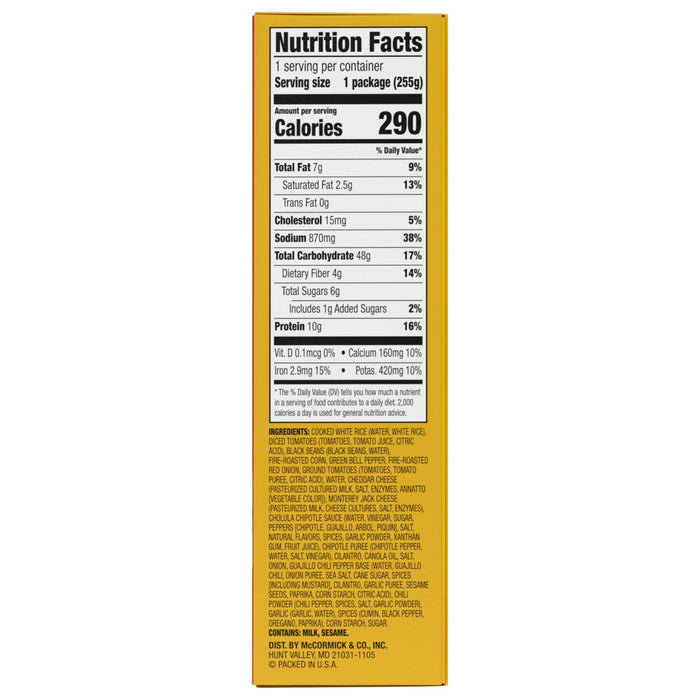 Nutrition facts label for McCormick &amp; Co., Inc.  White Rice with Black Beans and Cheddar Cheese.