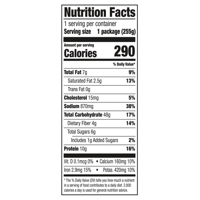 Nutrition facts label for a product containing 290 calories per serving.