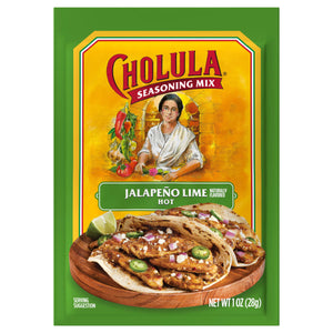 A package of Cholula Jalapeno Lime Hot Seasoning Mix with a serving suggestion of tacos.