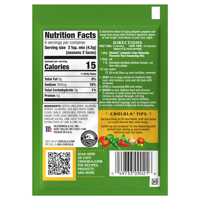 A package of Cholula JalapeA?o Lime Naturally Flavored Taco Seasoning Mix with nutrition facts and directions.